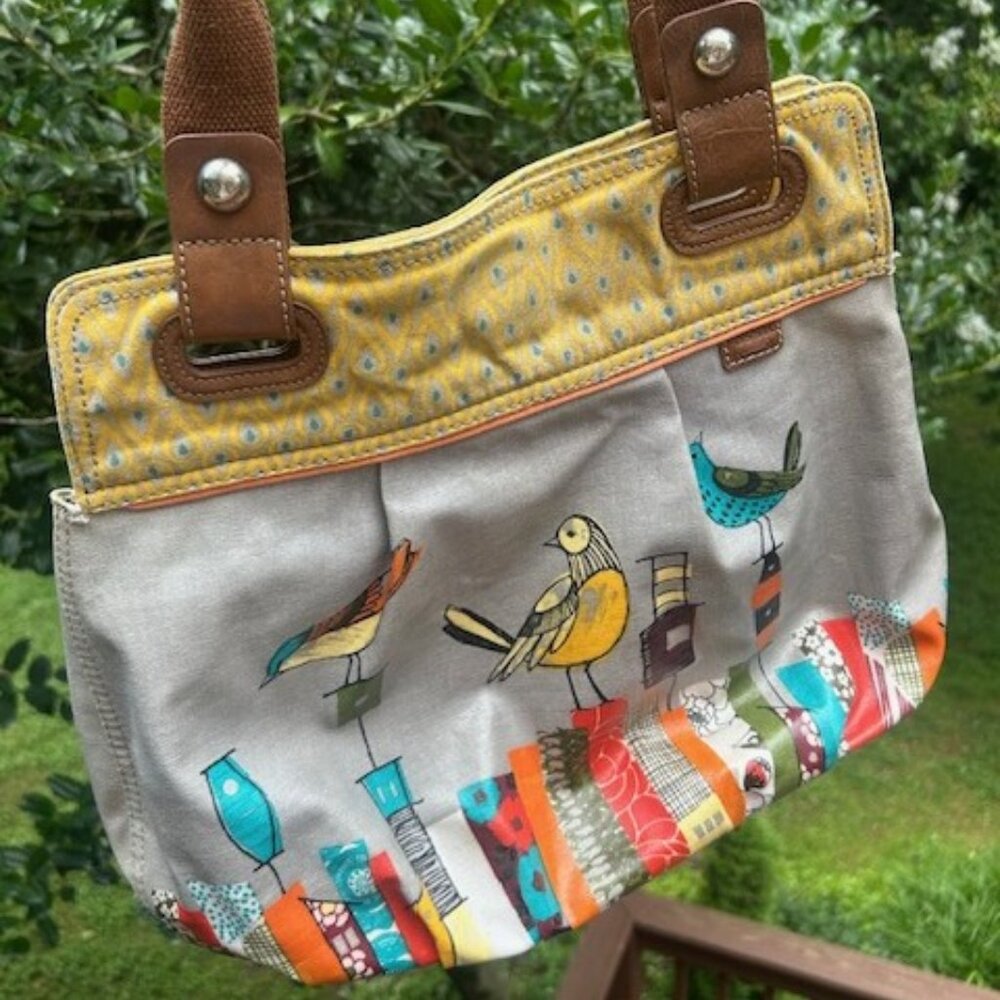 FOSSIL Key-Per Coated Canvas BIRD Design Medium Purse Shoulder Bag